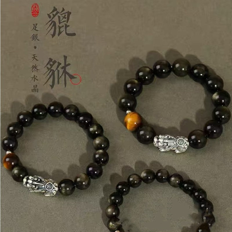 999 Silver Pixiu Gold Obsidian Bracelet-Traditional Good Fortune Symbol