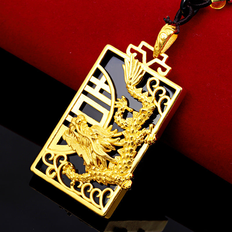 Auspicious Gold Dragon Black Agate Pendant