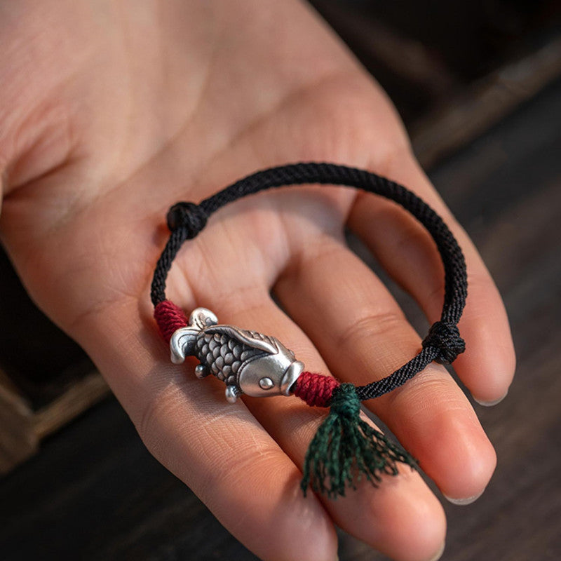 Silver Koi Woven Cord Bracelet ¨C Luck. Perseverance & Smooth Success