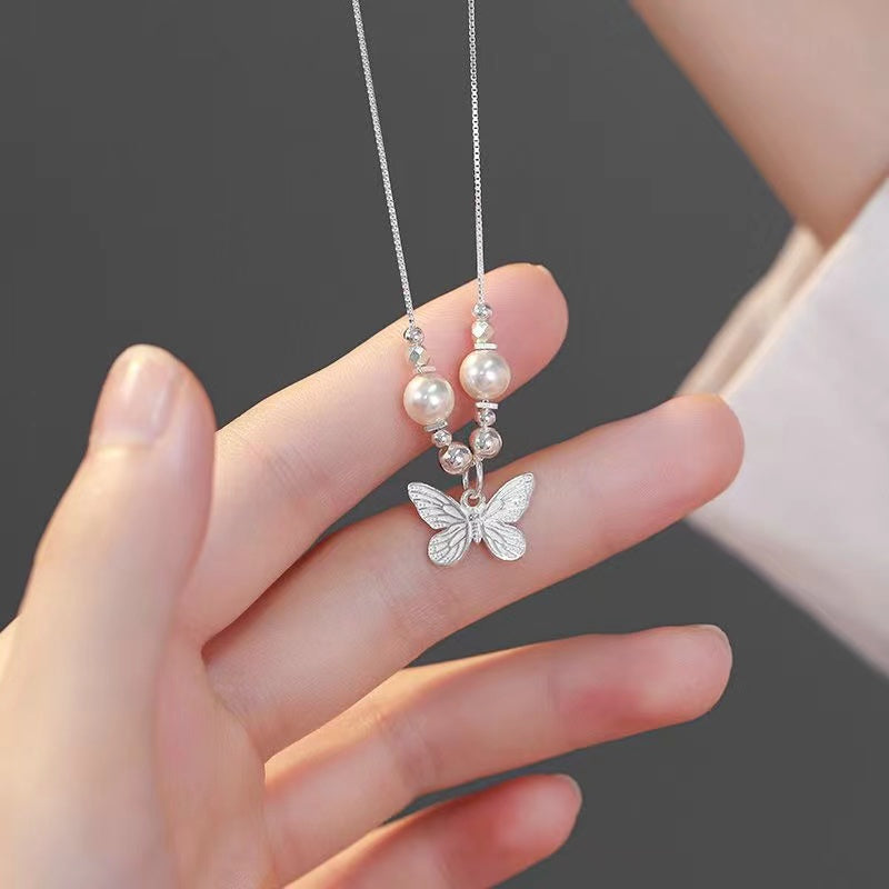 Butterfly Jade Beads Silver Necklace-Transformation and Prosperity