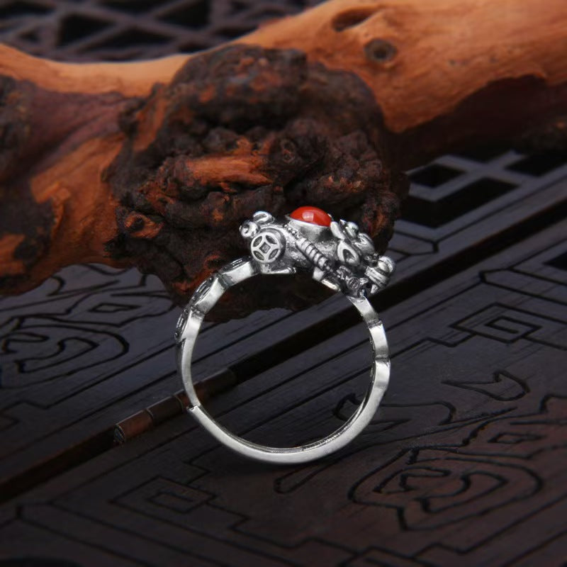Silver Pixiu Red Agate Ring-Traditional Good Fortune Symbol