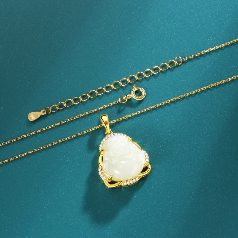 Laughing Buddha Nephrite Jade Gold-Plated S925 Silver Necklace-Joyful Contentment