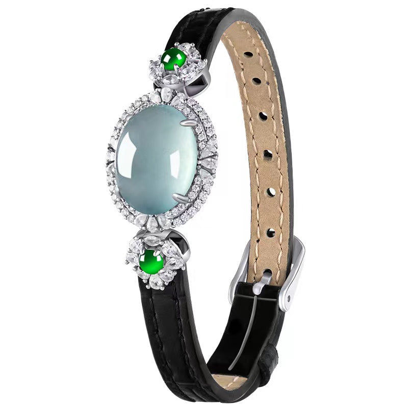 Luxury Blue Ice Jade Bracelet with Leather Strap -Attract Luck