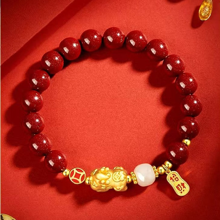 Gold Pixiu Red Cinnbar Beads Bracelet-Traditional Good Fortune Symbol
