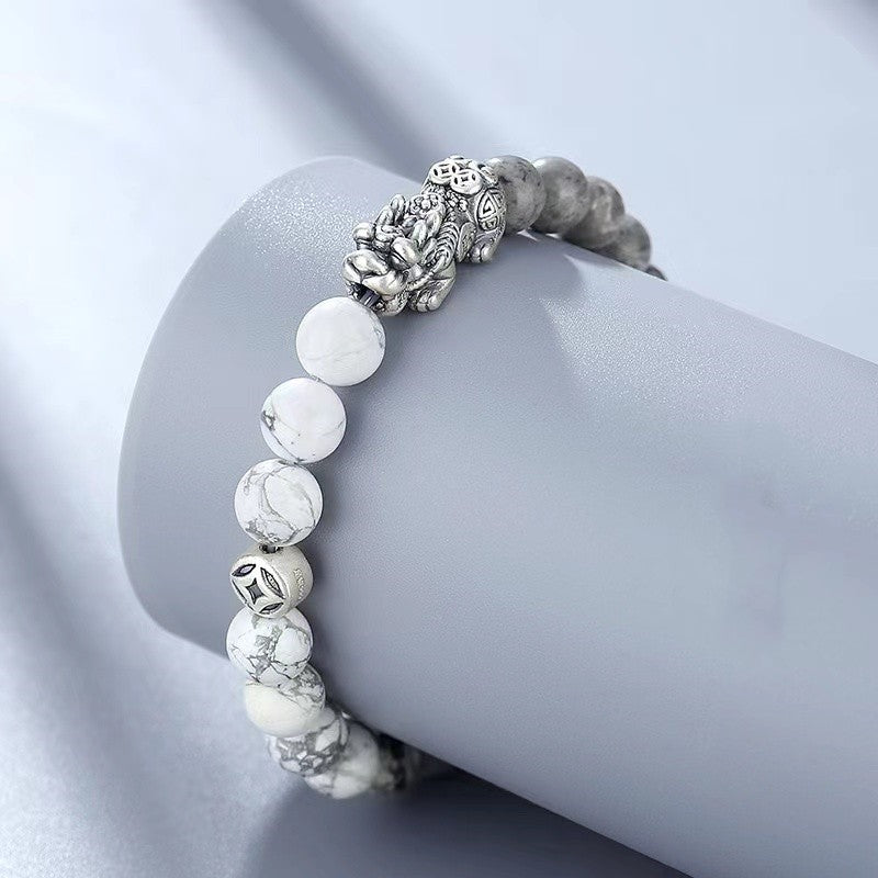 White Turquoise Beads Silver Pixiu Bracelet-Traditional Good Fortune Symbol