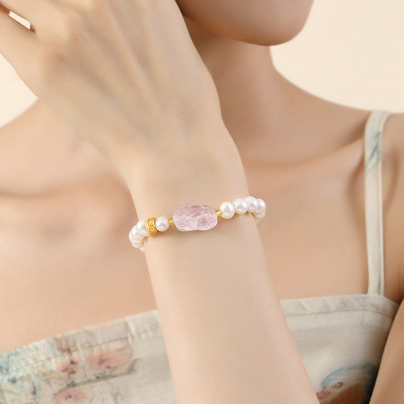Rose Quartz Pixiu Bracelet with Pearls â€?925 Silver Fortune & Peace Charm