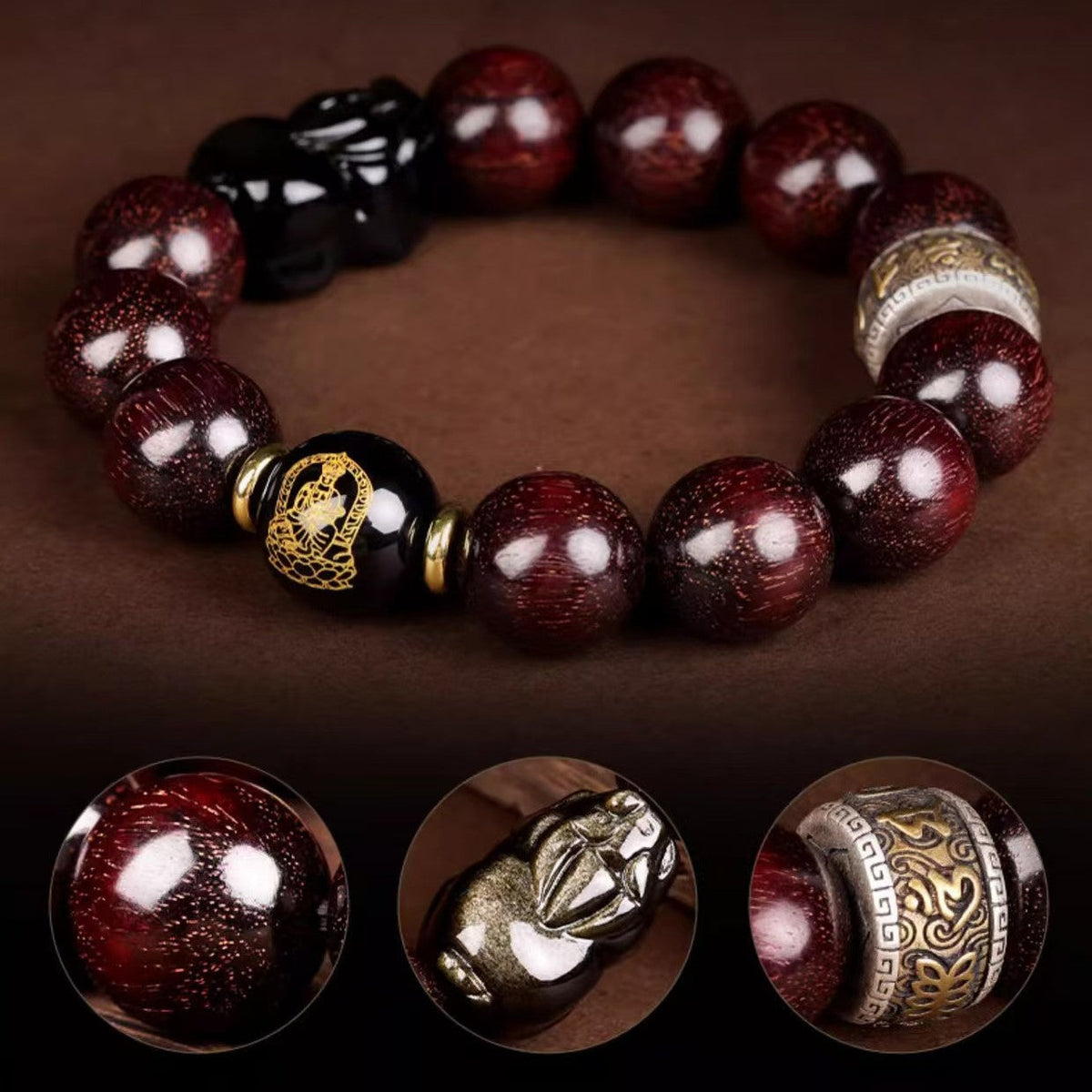 Red Sandalwood & Gold Obsidian Pixiu Bracelet-Prosperity Symbol