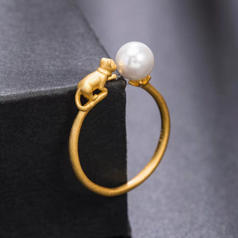 Original Design Gold Cat Pearl Silver Ring-Good Luck and Prosperity
