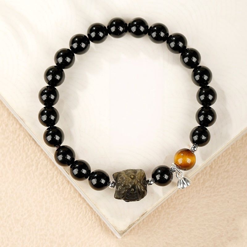 Gold Sheen Obsidian Lion Dance Head Tiger's Eye Bracelet-Grounded Courage