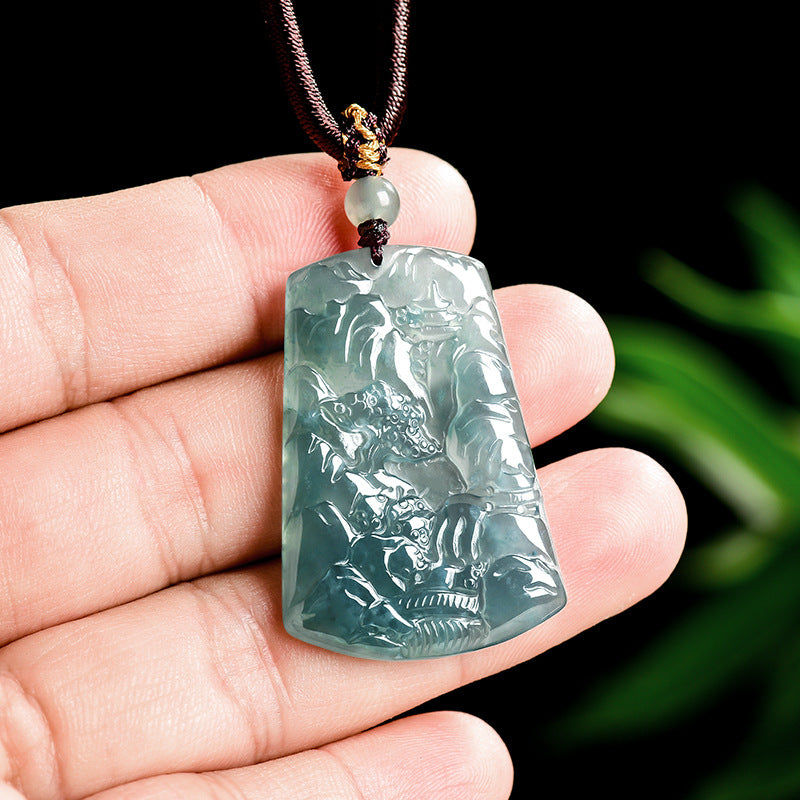 Blue Jadeite Landscape Pendant – Natural A-Grade Glutinous Variety Jade Carving-grade a jade