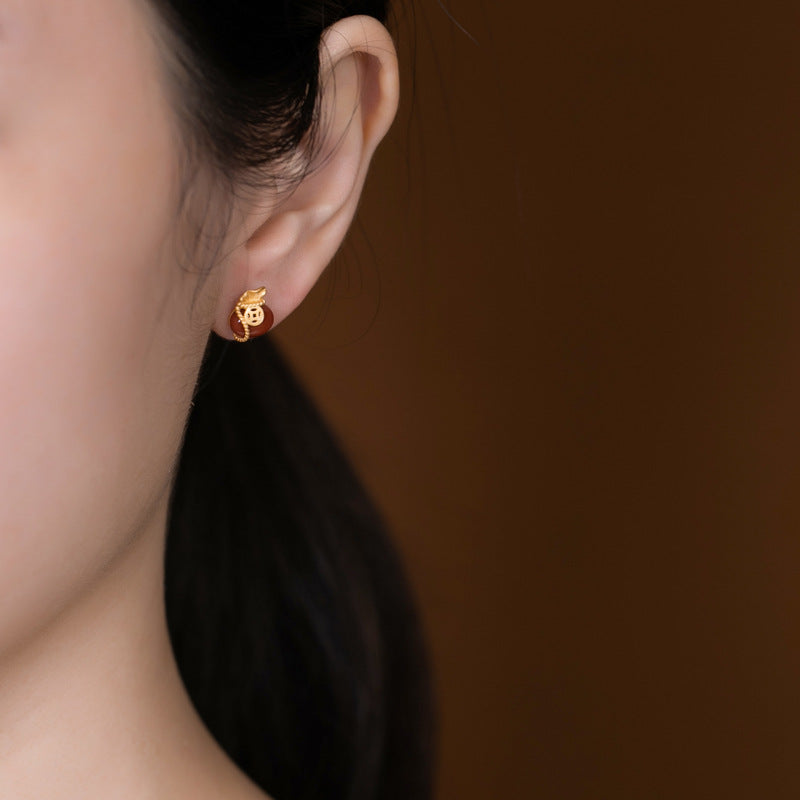 Red Agate Fortune Bag Earrings ¨C 18K Gold-Plated Sterling Silver Studs