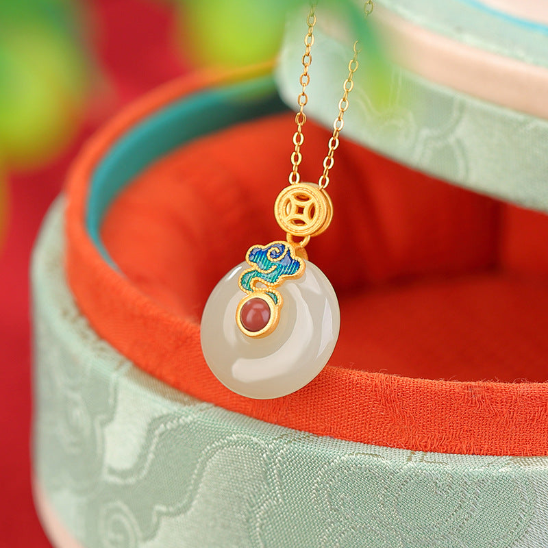 Nephrite Jade Cloud & Coin Necklace-Wishes for Peace