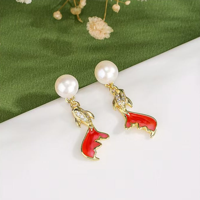 Pearl Koi Fish Drop Earrings ¨C Elegant Gold-Plated Studs with Enamel & Crystals