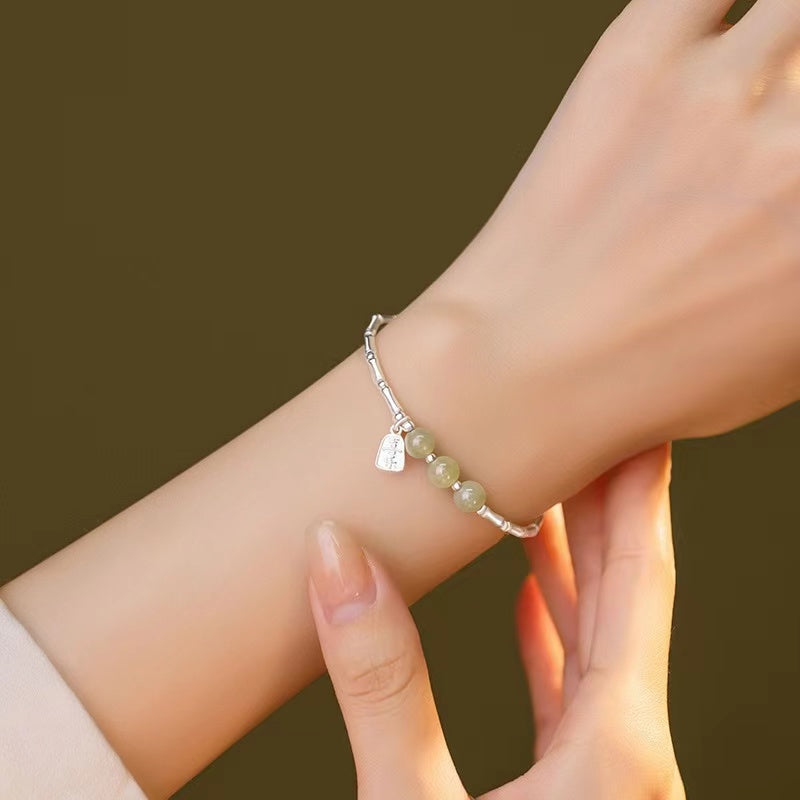 Jade Beads Bamboo Silver Bracelet-Good Fortune and Prosperity