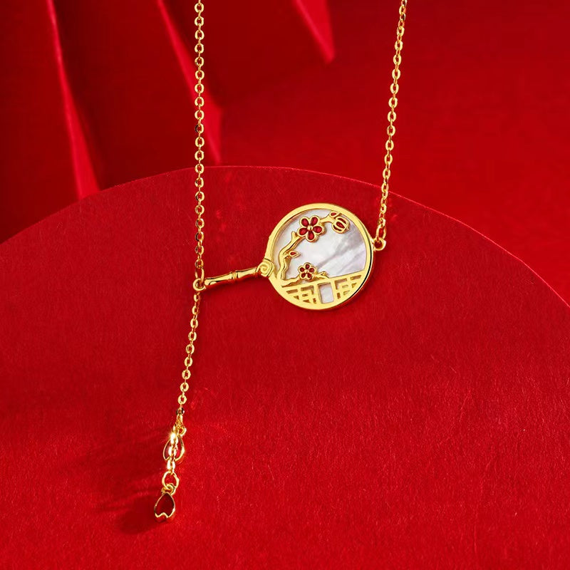 Deluxe 18K Gold Plated 925 Sterling Silver Plum Blossom Fan Pendant Necklace