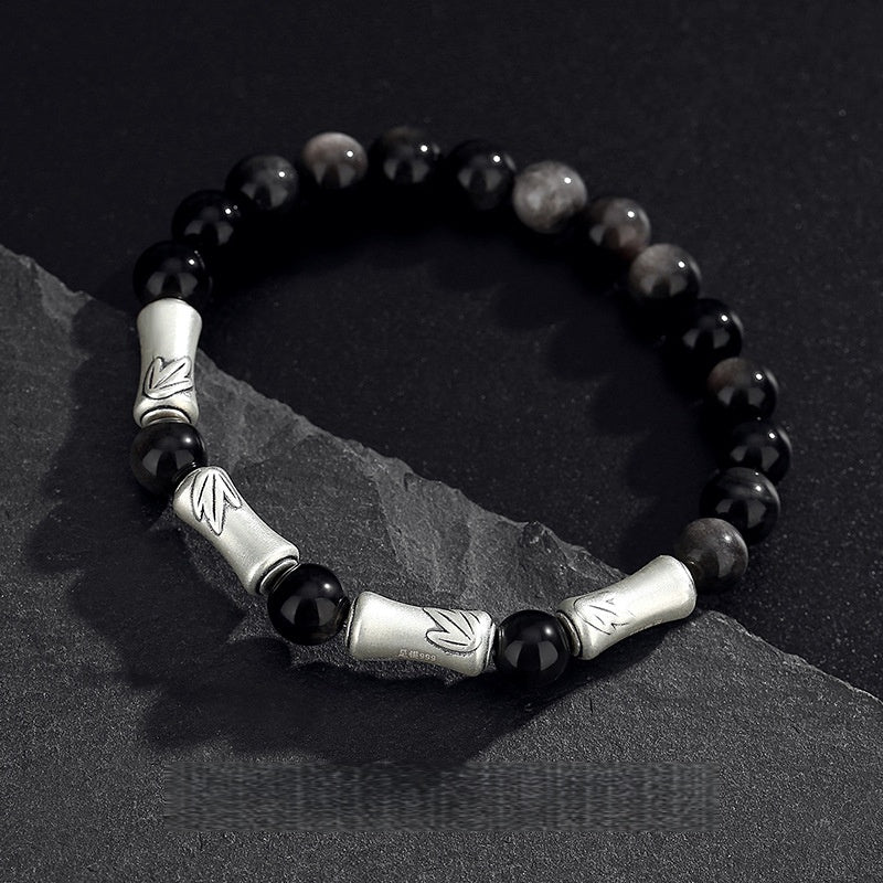 999 Sterling Silver Bamboo Bracelet ¨C Black Obsidian Men's Bracelet for Success & Steady Growth