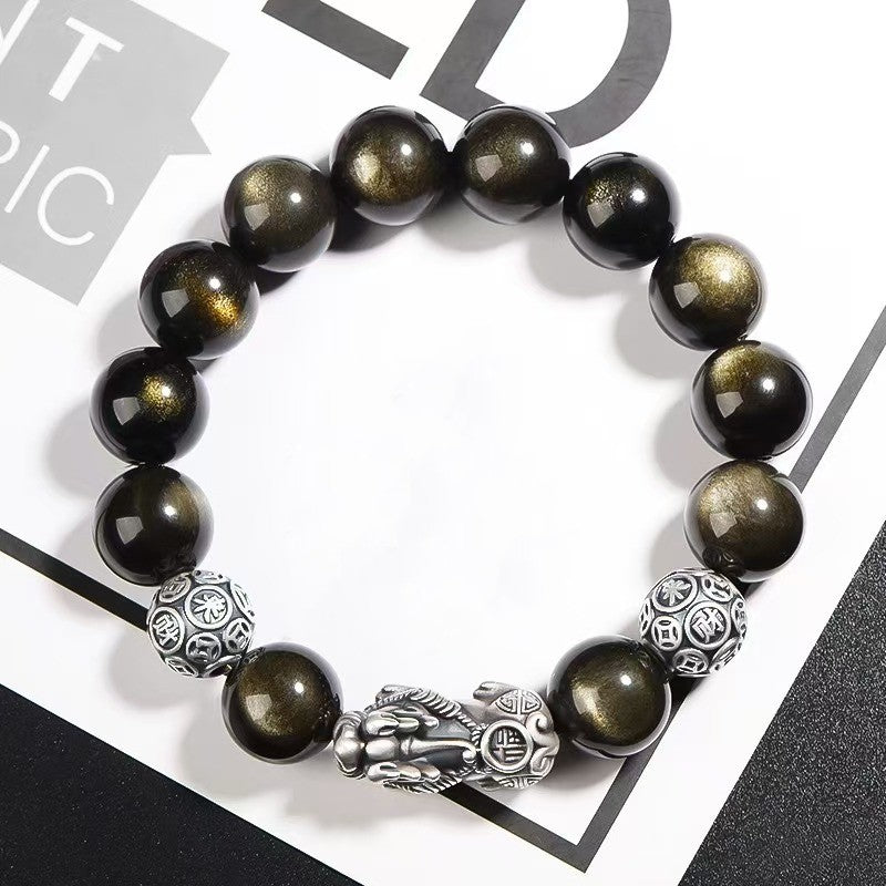 Silver Pixiu Gold Obsidian Bracelet-Traditional Prosperity Symbol