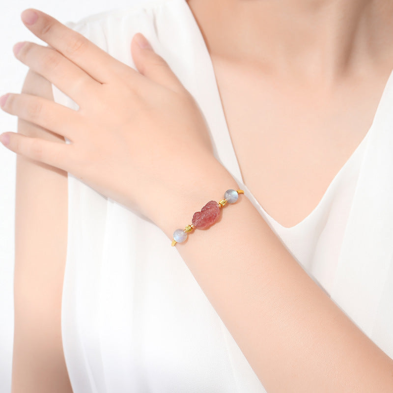 Strawberry Quartz Pixiu & Moonstone Bracelet¨CFortune. Love & Emotional Harmony