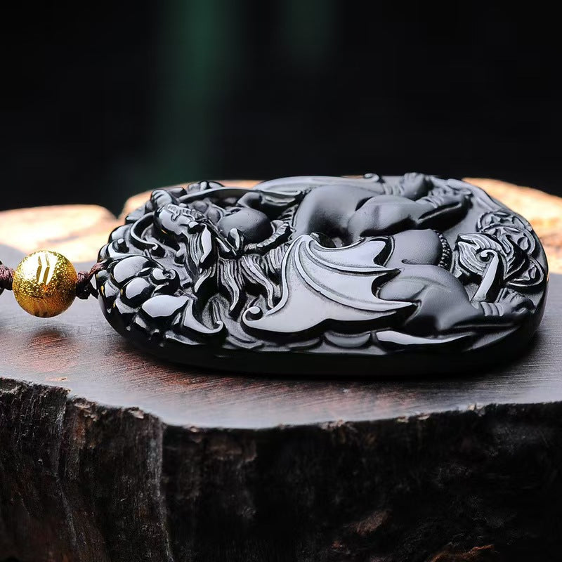 Black Obsidian Flying Pixiu Pendant ¨C Hand-Carved Guardian of Wealth & Power