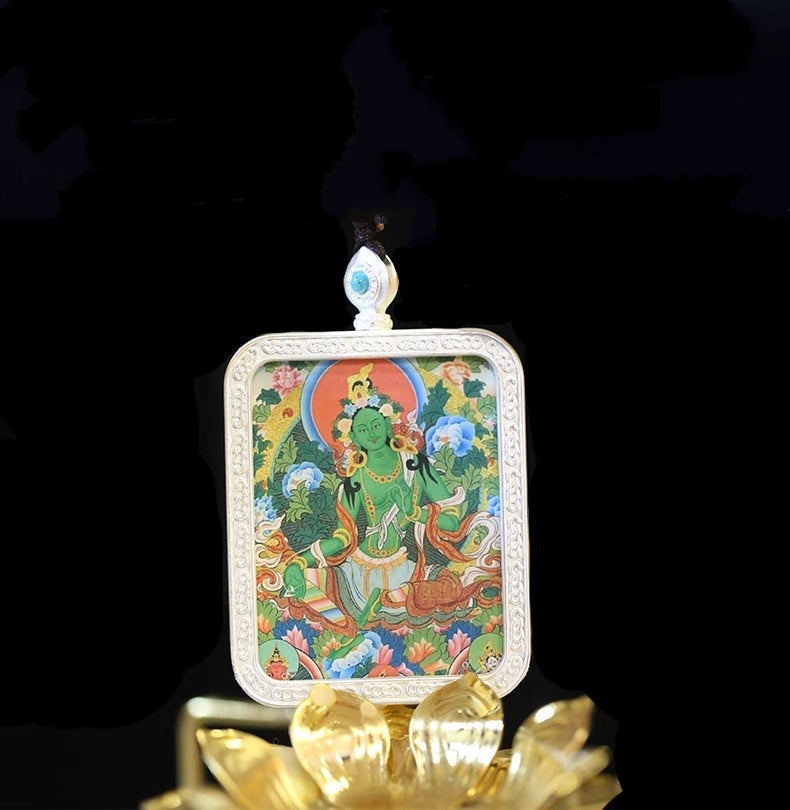 Green Tara Thangka Ghau Pendant Necklace-Quiet Compassion