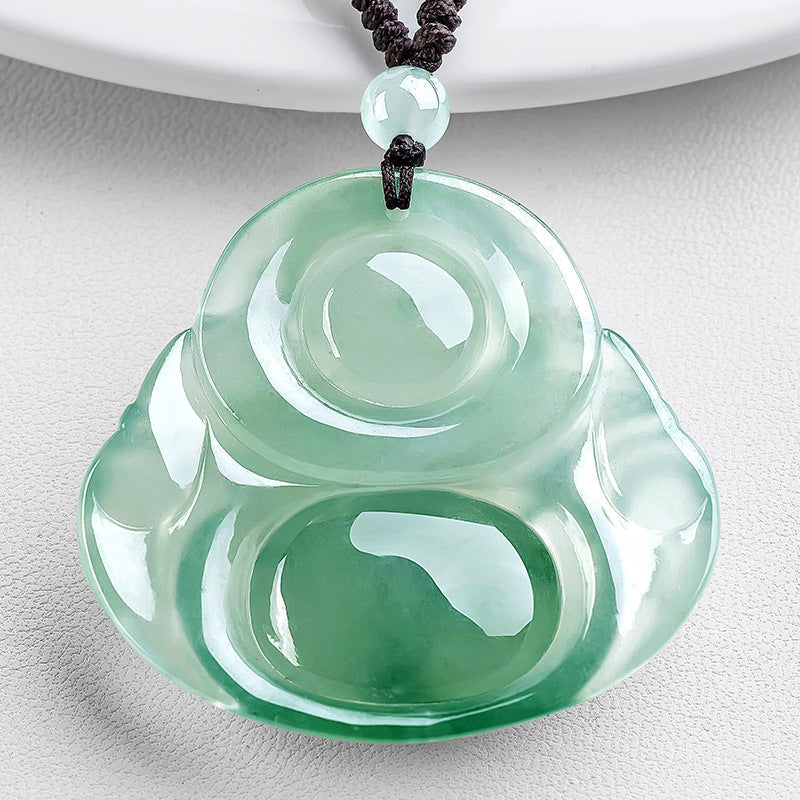 Natural Ice Green Jade Laughing Buddha Lucky Pendant Necklace