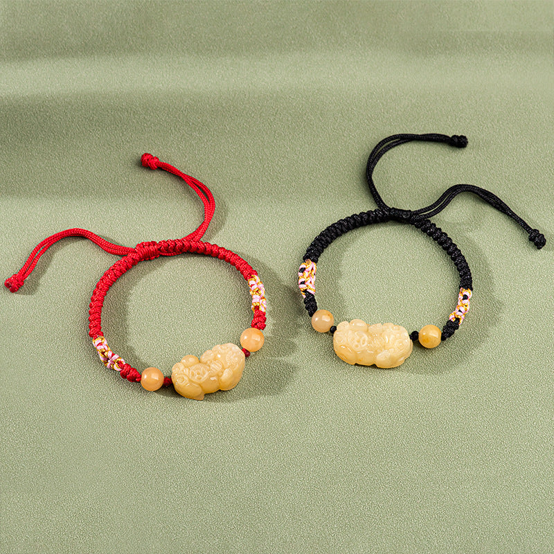 Hand-Woven Golden Silk Jade PiXiu Bracelet ¨C Protection. Peace & Vitality