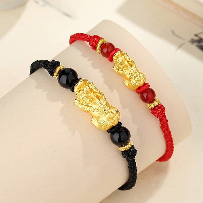 Golden Pixiu Couple String Bracelets ¨C Lucky & Protection Red and Black String Set