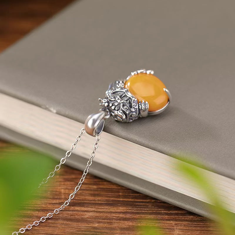 Pixiu Yellow Agate Silver Necklace-Balance and Prosperity