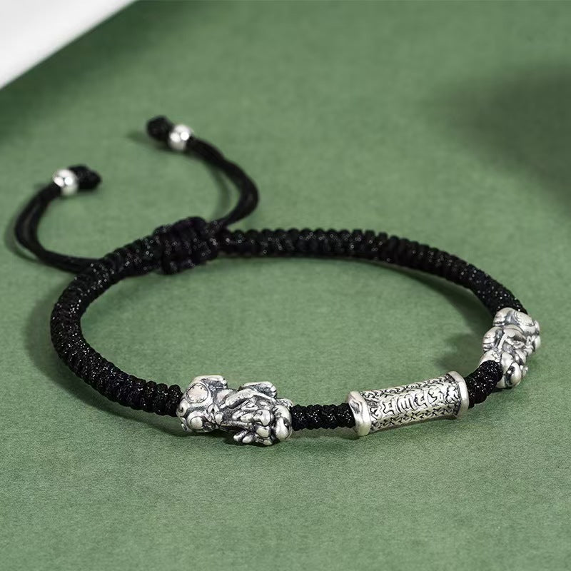 999 Silver Double Pixiu Six True Words Bracelet-Traditional Good Fortune Symbol