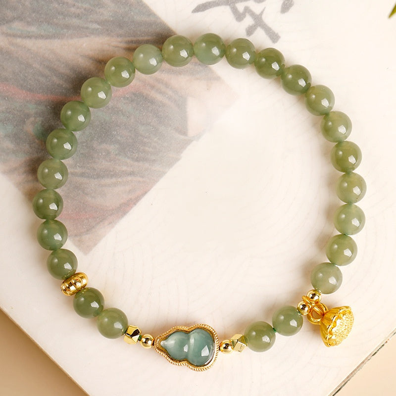 Hetian Jade Beaded Bracelet with Jadeite Gourd and Lotus Charm