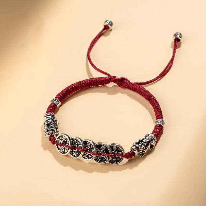 Five Emperors Coins Double Pixiu Red String Bracelet-Traditional Good Fortune Symbol