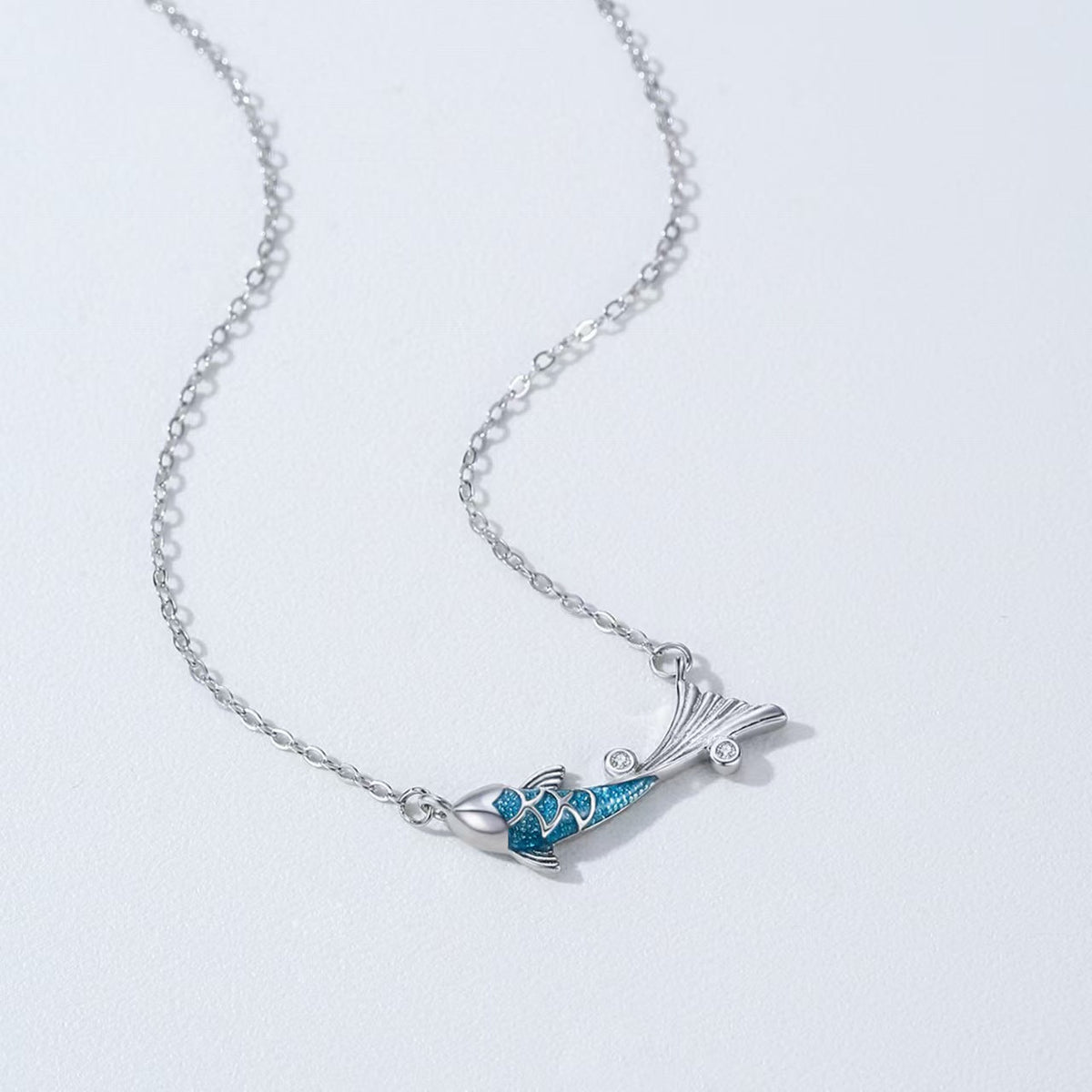 Vintage Blue Koi Fish Silver Necklace-Good Fortune and Prosperity