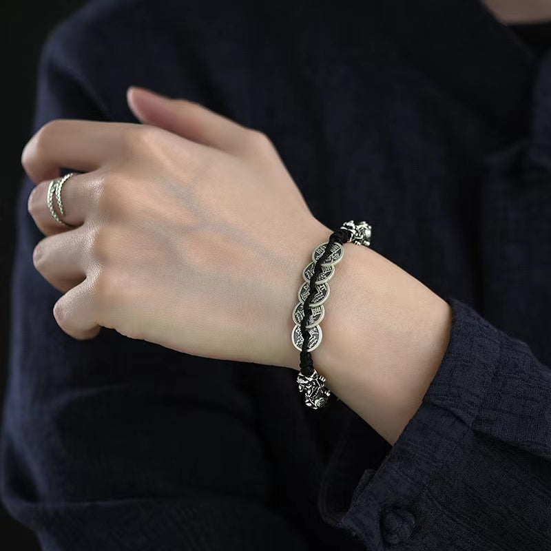 Five Emperors Coins Double Pixiu Handmade Rope Bracelet-Traditional Good Fortune Symbol