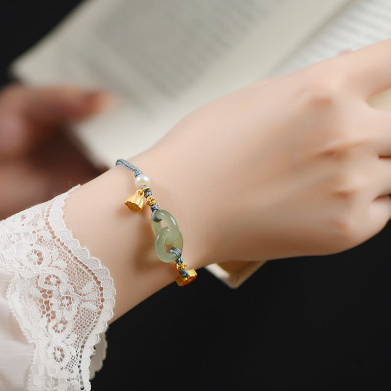 Interlocking Jade & Enamel Lotus Bracelet-Endless Love & Harmony Charm