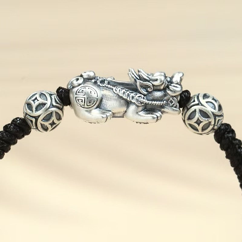 Silver Pixiu Vintage Coin Bead Bracelet-Traditional Good Fortune Symbol