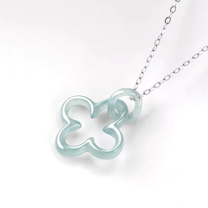 Luck Four Leaf Clover Jade Pendant Necklace-925 Sterling SIlver