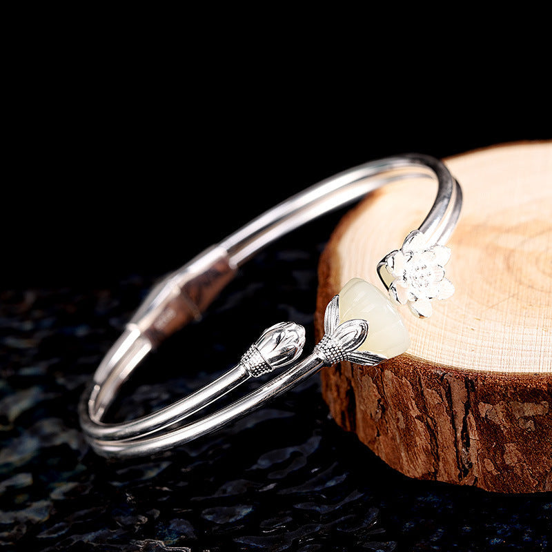 Quiet Renewal-Jade Lotus 925 Sterling Silver Bangle