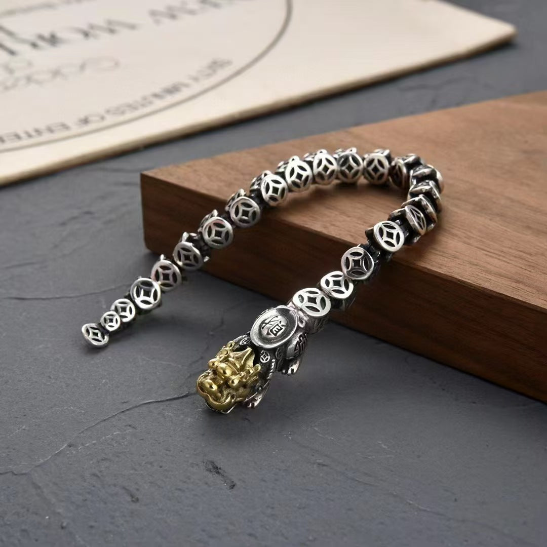 Vintage Silver-Plated Pixiu Coin Bracelet ¨C Bold Design for Wealth & Protection