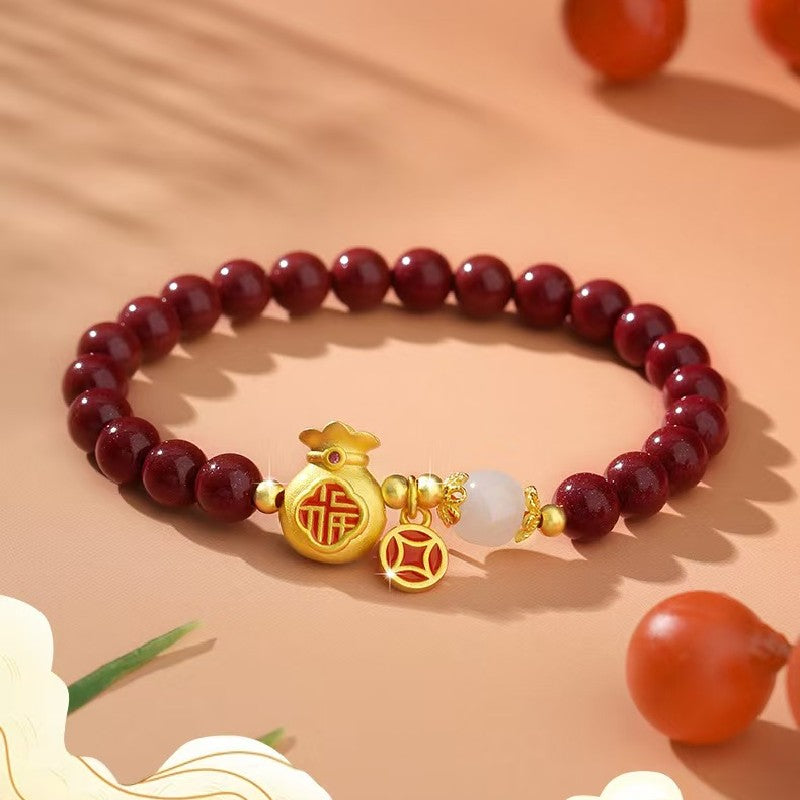 Gold Money Bag Cinnbar Beads Bracelet-Traditional Good Fortune Symbol