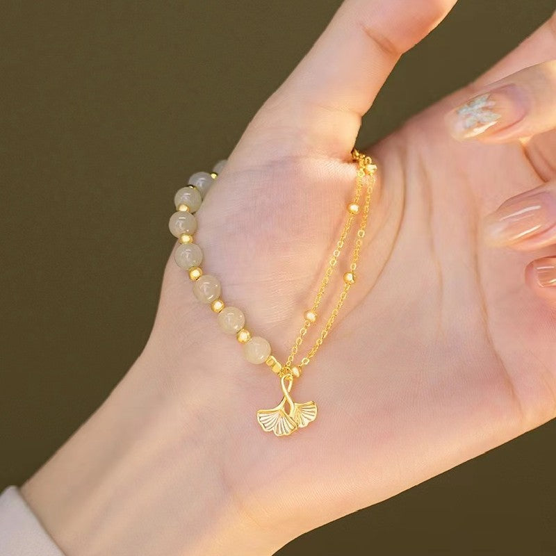 Apricot leaves Jade Beads Women Silver Bracelet-Prosperity