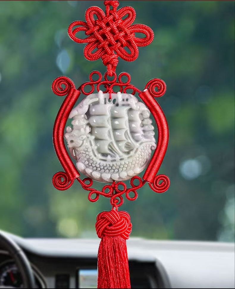 Jade Dragon Boat Car Hanging Ornament â€?Safe Journey & Success Charm with Red Tassel