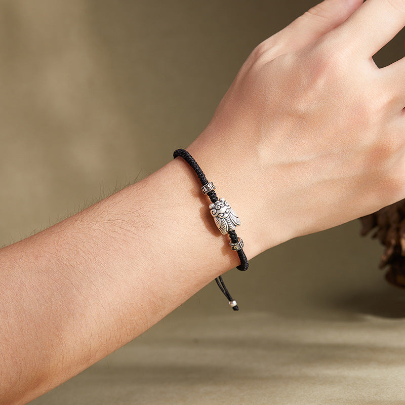 Sterling Silver Cicada Bracelet ¨C Handwoven Cord with Vintage Finish