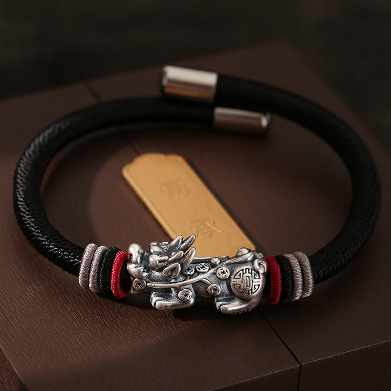 999 Silver Vintage Pixiu Braided Rope Bracelet