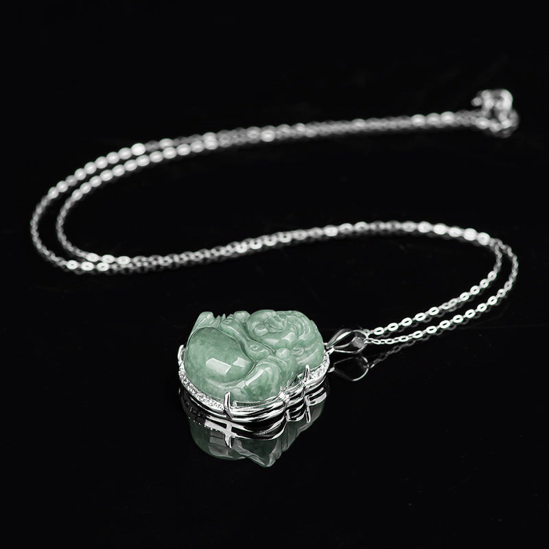 Grade A Jade Laughing Buddha Pendant – Women's S925 Silver Mounted Bean-Type Jade Amulet