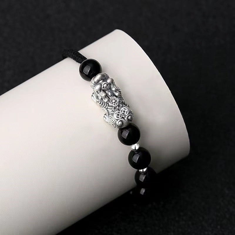 Black Obsidian 999 Silver Pixiu Bracelet-Traditional Good Fortune Symbol