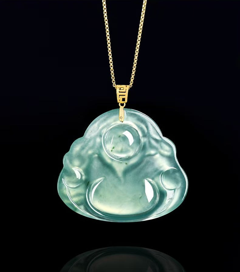 Blue Jadeite God of Wealth Pendant ¨C Natural Ice-Type Jade Necklace with 18K Gold Setting