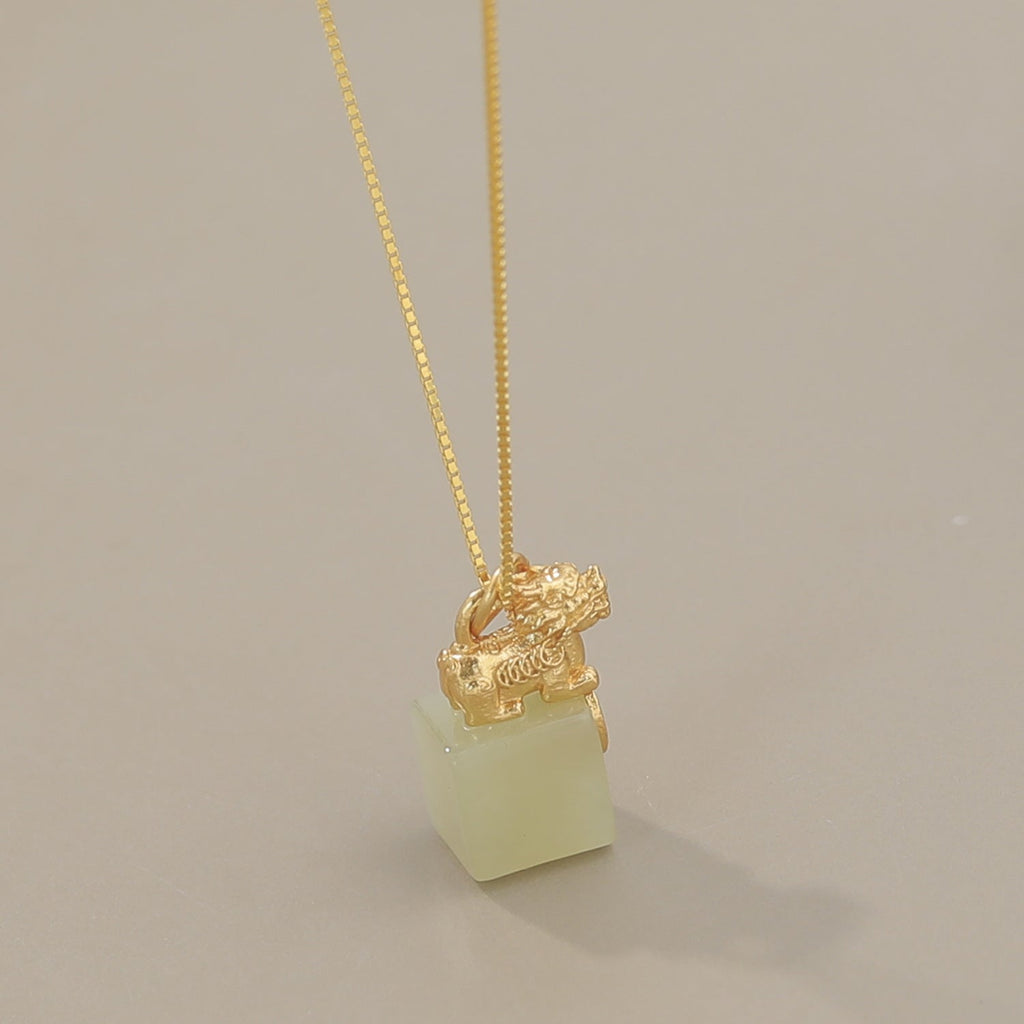 Gold-Plated Pixiu White Nephrite Jade Pendant Necklace-Grounded Opportunity