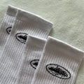 White Ribbed Crew Socks with Planet Graphic