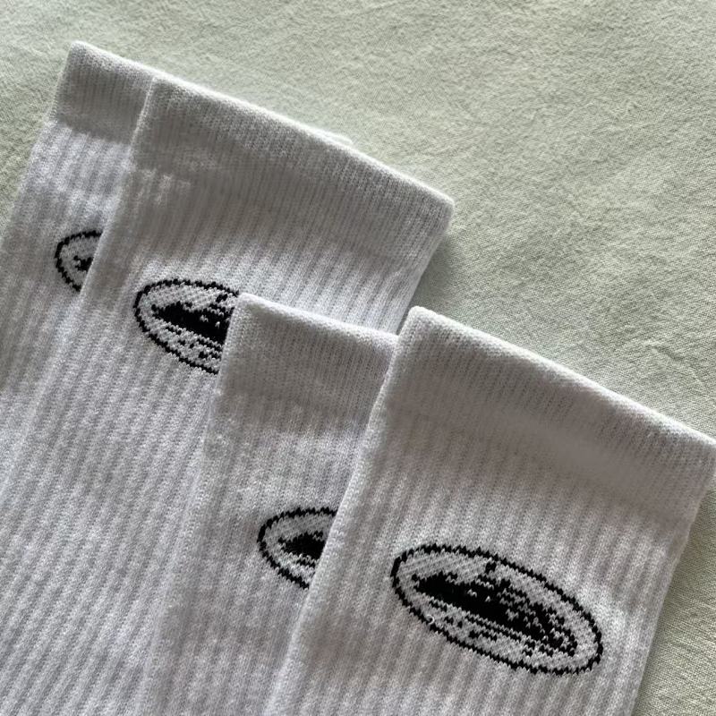 White Ribbed Crew Socks with Planet Graphic