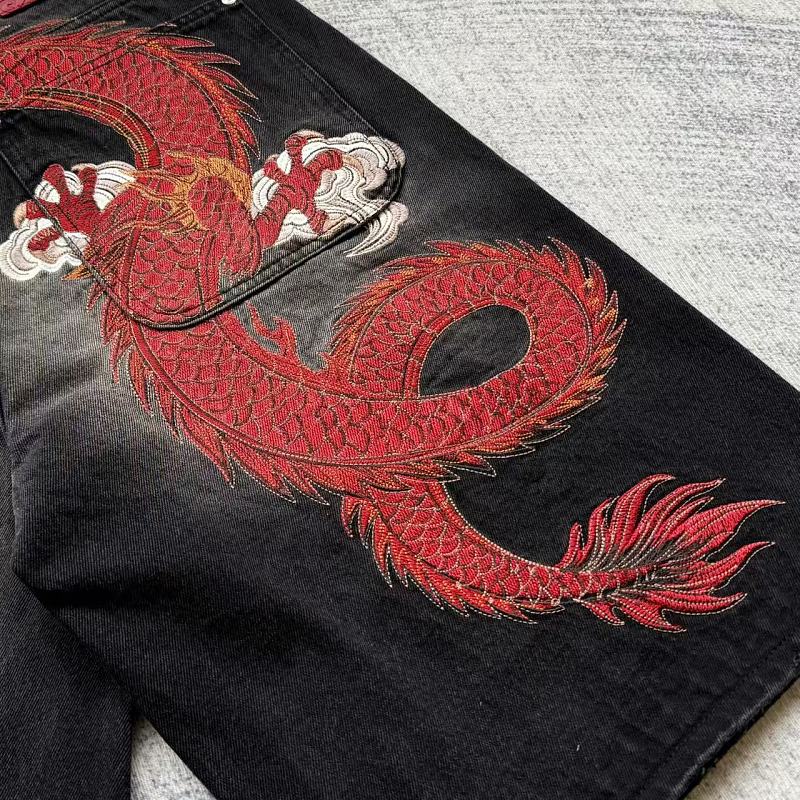 Black Washed Denim Jeans - Red Dragon Embroidery